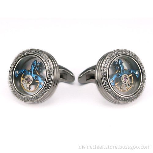Make Custom Logo CNC Inlaid Stones Tourbillon Movement Cufflinks In Stainless Steel Jewelry